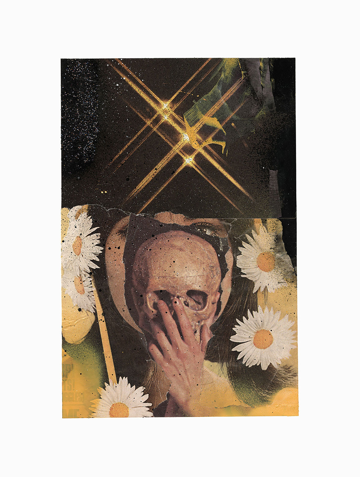 Summer Omen ( sun crossed daughters will meet again
(25,5 cm x 33,5 cm), collage, acrylic, glitter on paper, 2018 