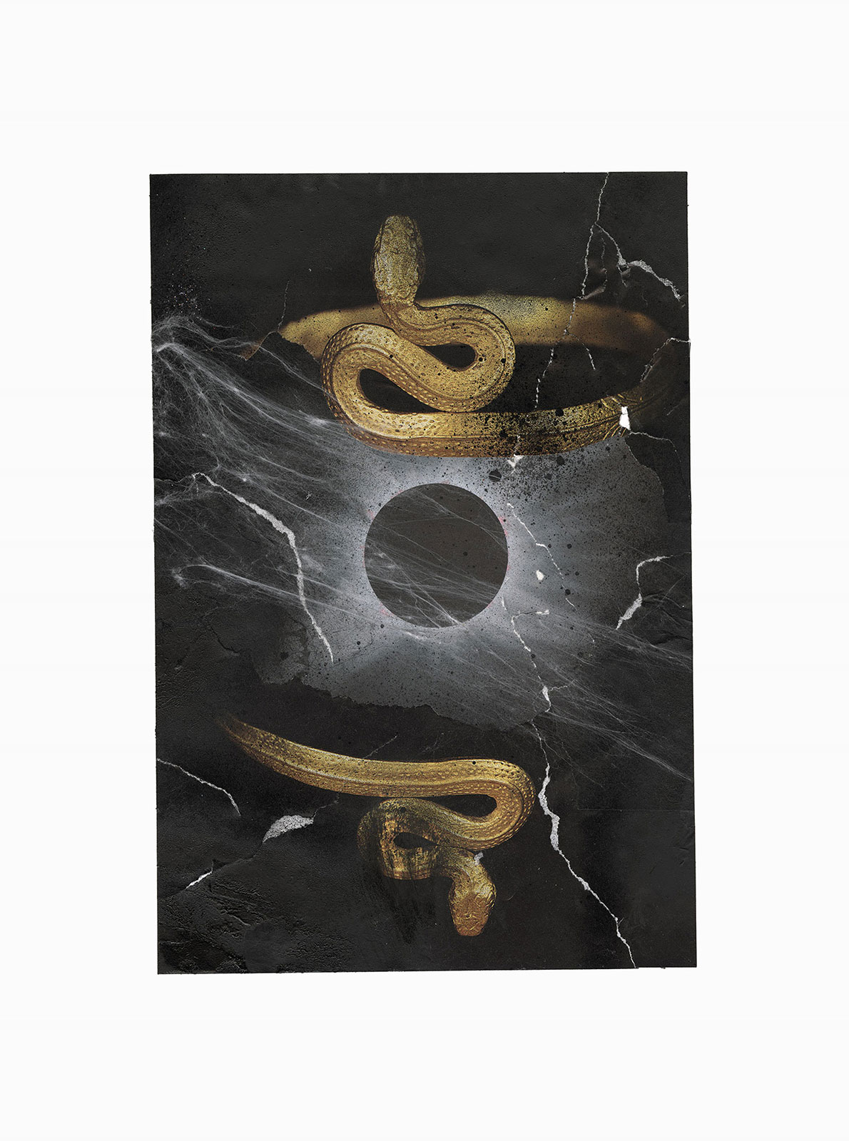 Frozen Augury 
(30,5 cm x 41 cm), collage, acrylic, glitter, tainted cotton on paper, 2018 