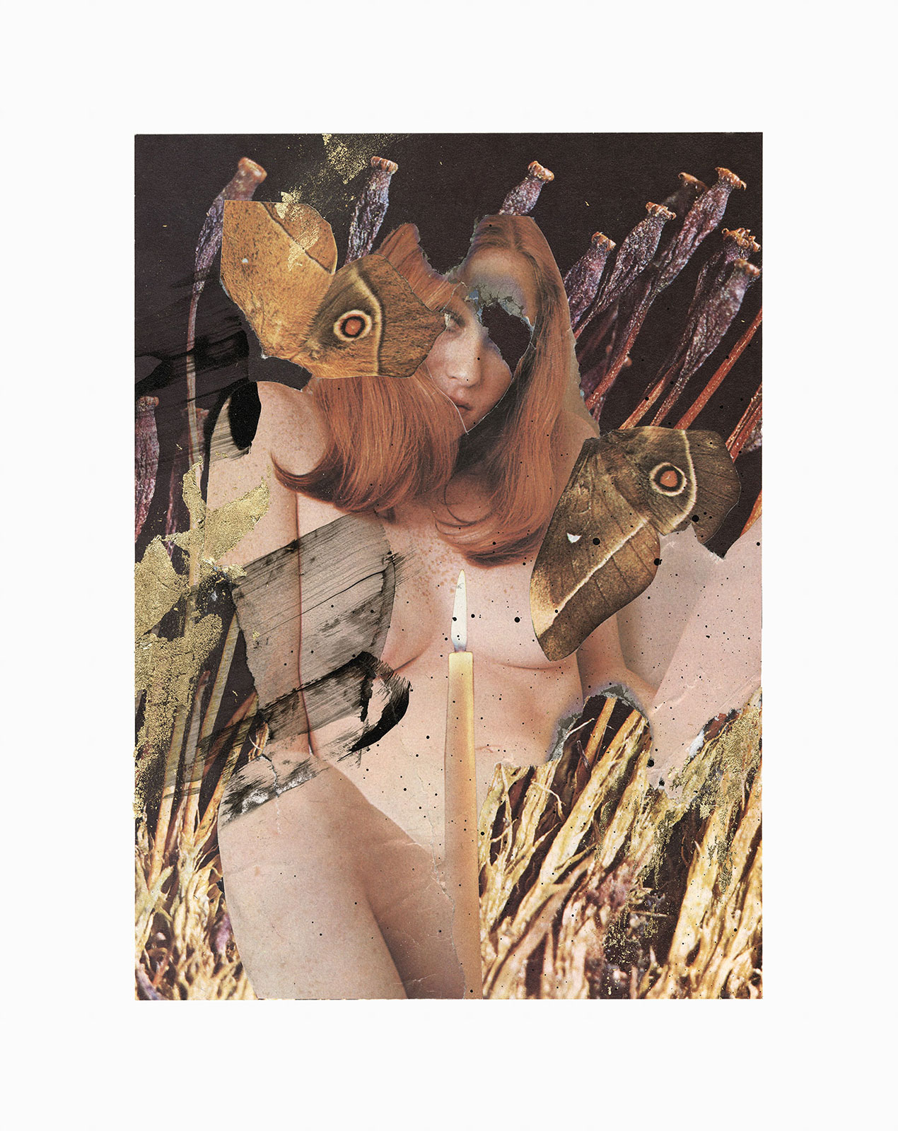 Rotten Gold ( the witch’s dream
(30,5 cm x 38 cm), collage, gold leaf, acrylic on paper, 2018 