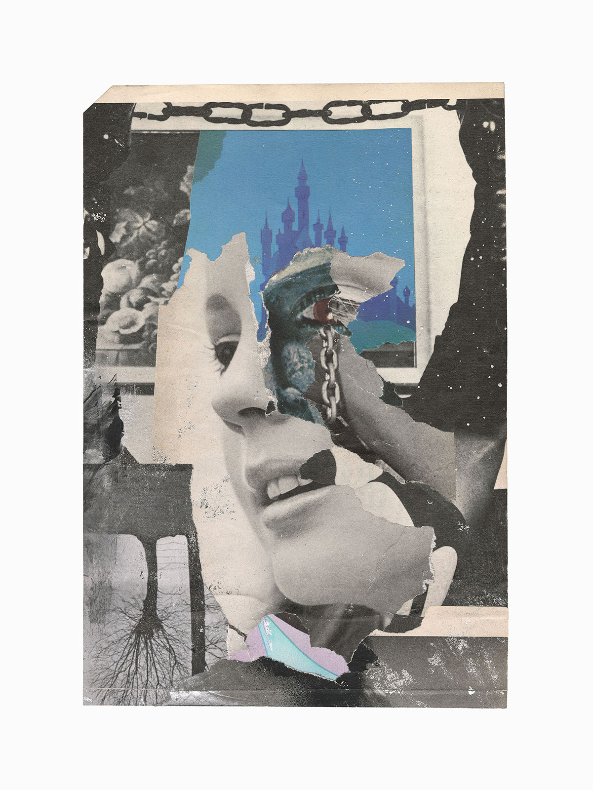 Saturnian Lament 
(25,5 cm x 33,5 cm), collage, silver leaf, acrylic on paper, 2018 