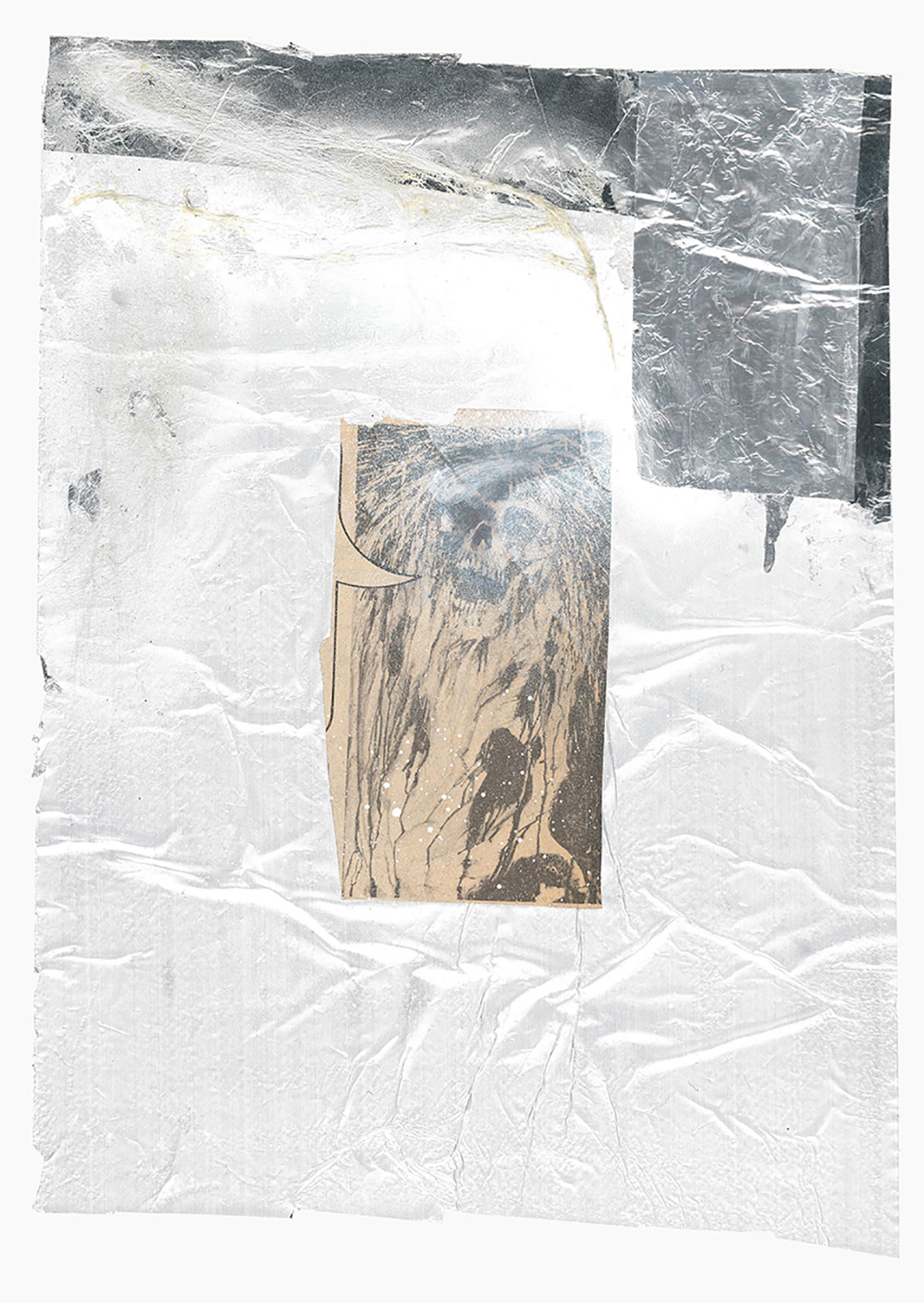 Gutter Magik series
(25,5 cm x 36 cm), acrylic, tainted cotton, silver foil, collage on paper, 2015 