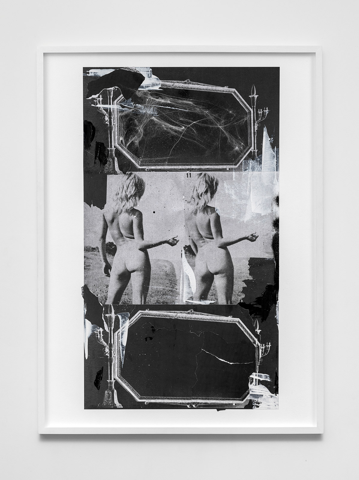 Song Of Skeletal Spring 
(80 cm x 110 cm), collage, glitter, tainted cotton, acrylic on MDF, 2017 