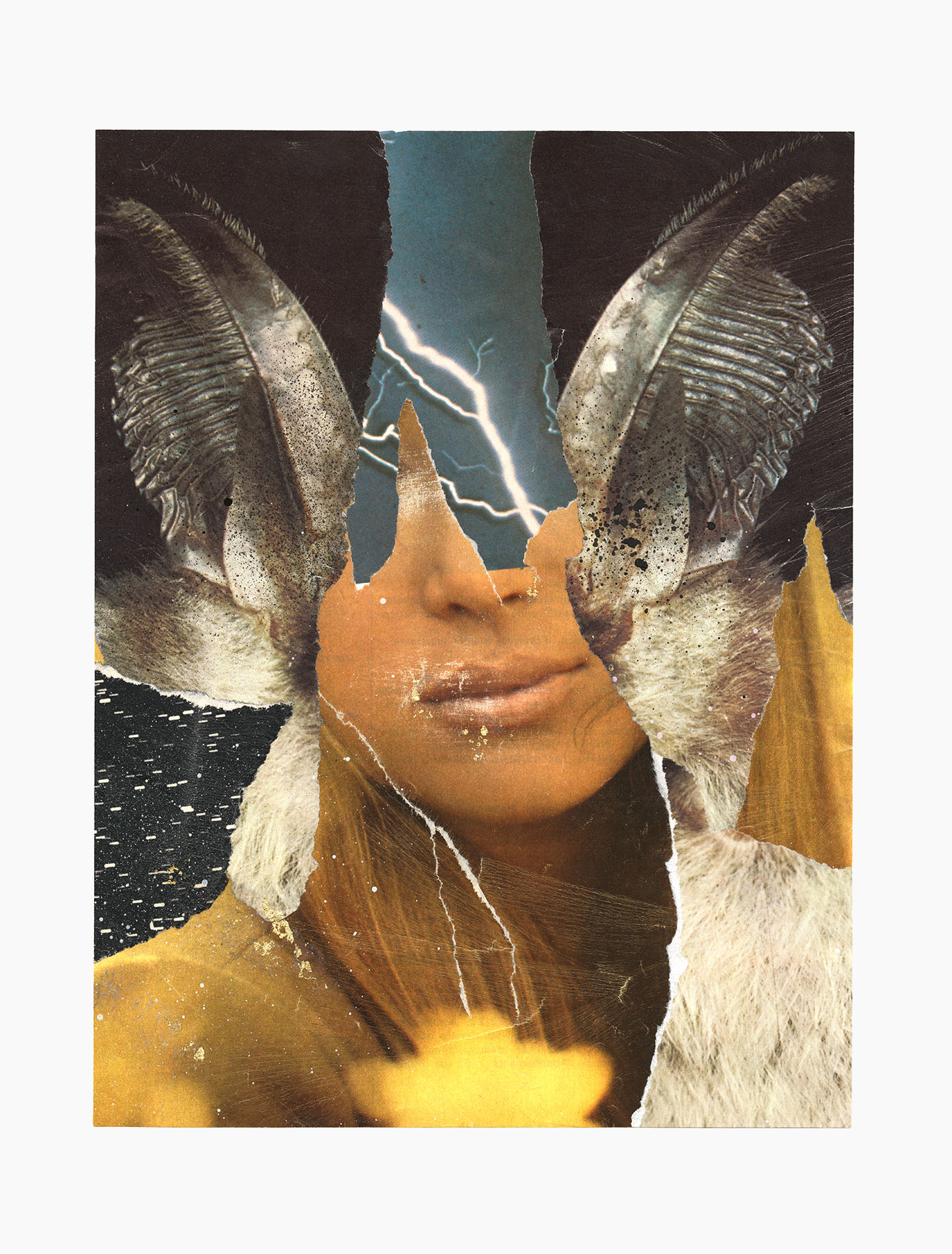 Under Blood Rain In Marble Maze series
(26 cm x 34 cm), collage, gold leaf, acrylic on paper, 2025 