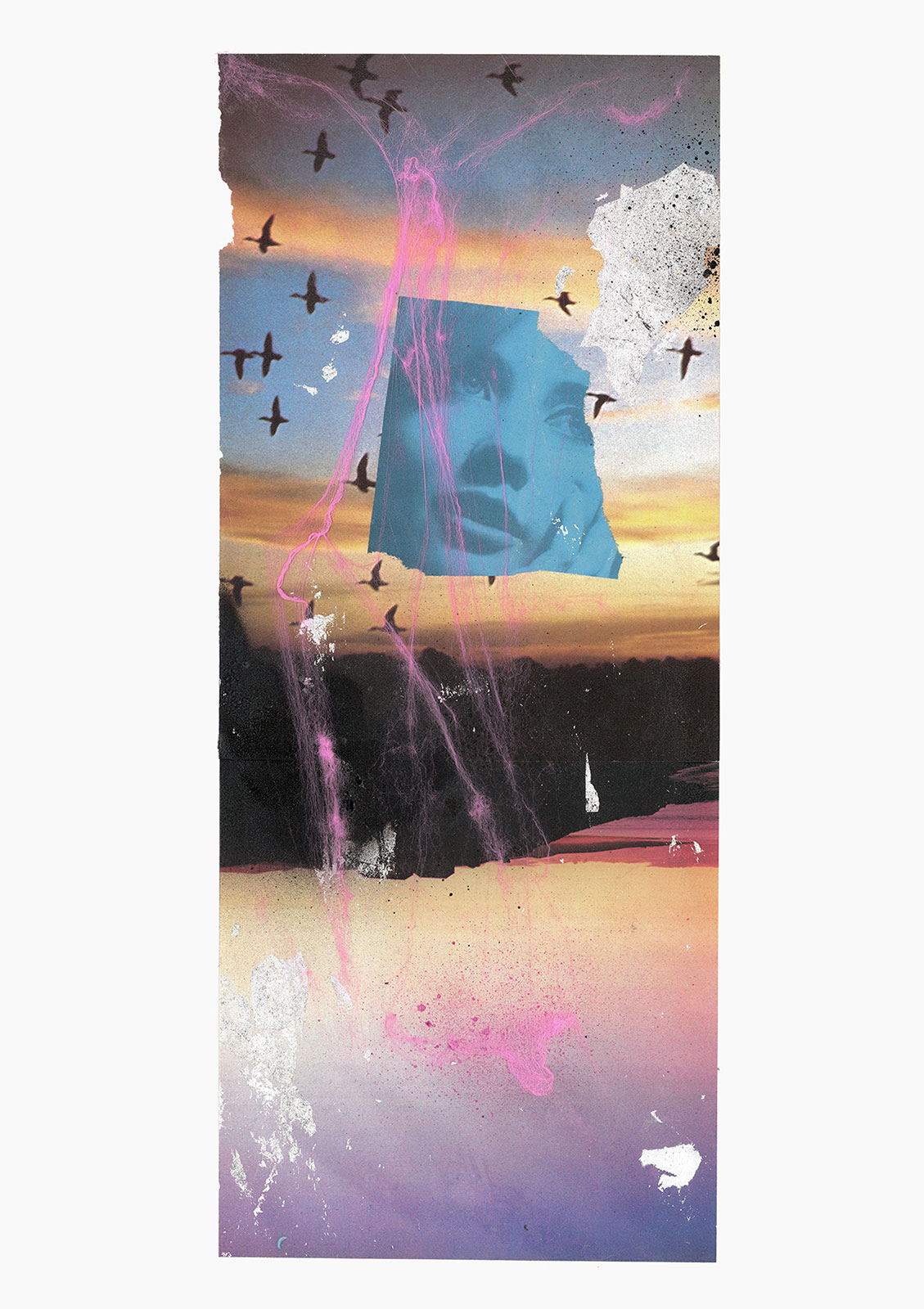 Gutter Magik Revisited series
(36 cm x 51 cm), acrylic, glitter, silver leaf, tainted cotton, collage on paper, 2015 