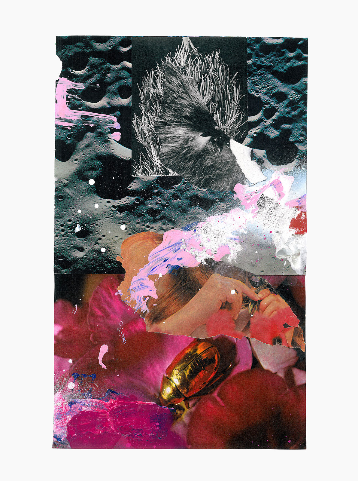 Gutter Magik Revisited series
(30,5 cm x 41 cm), acrylic, silver leaf, collage on paper, 2015 